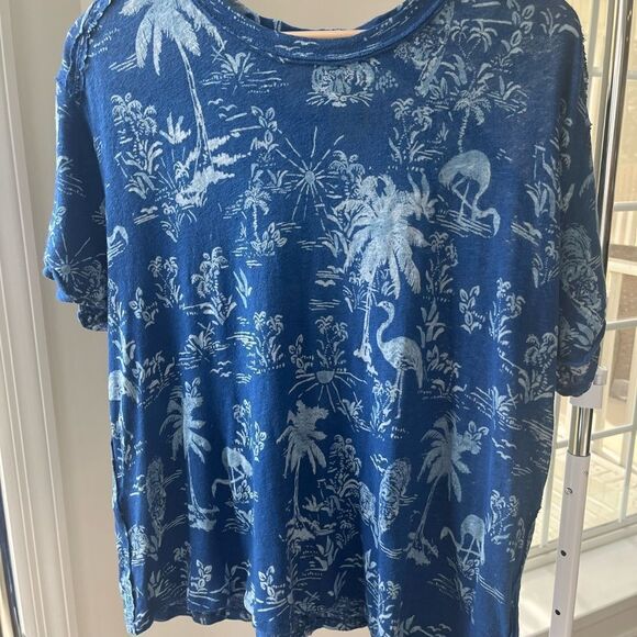 Free People Bali Backpacker Short Sleeve‎ Linen TShirt Blue Print XS NWT - Picture 6 of 12